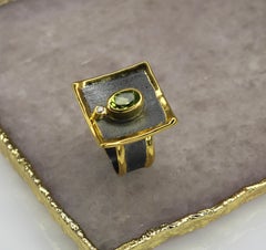 Yianni Creations Peridot Diamond Fine Silver and Gold with Rhodium Square Ring