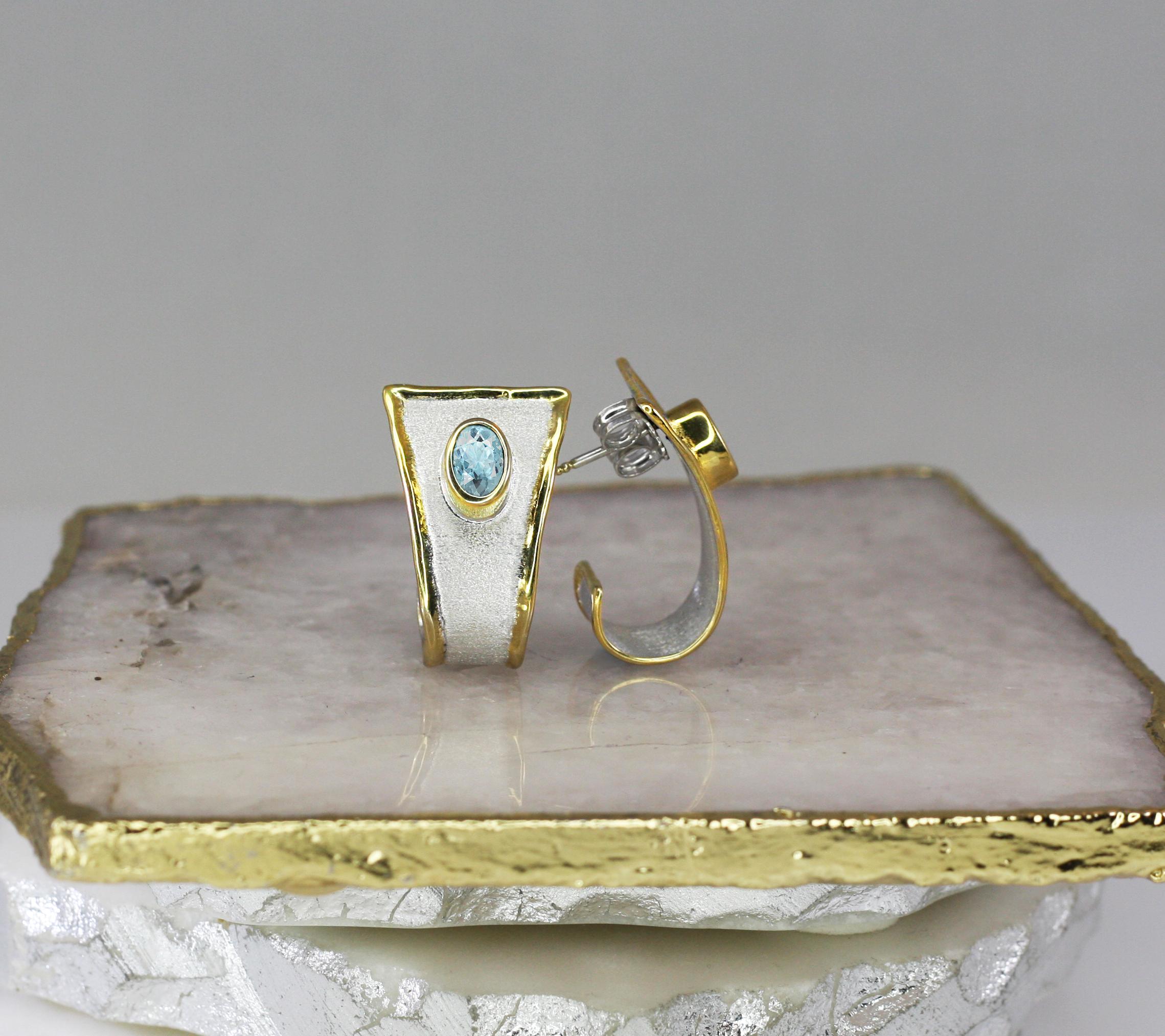 Contemporary Yianni Creations Oval Aquamarine Fine Silver and 24 Karat Gold Earrings For Sale