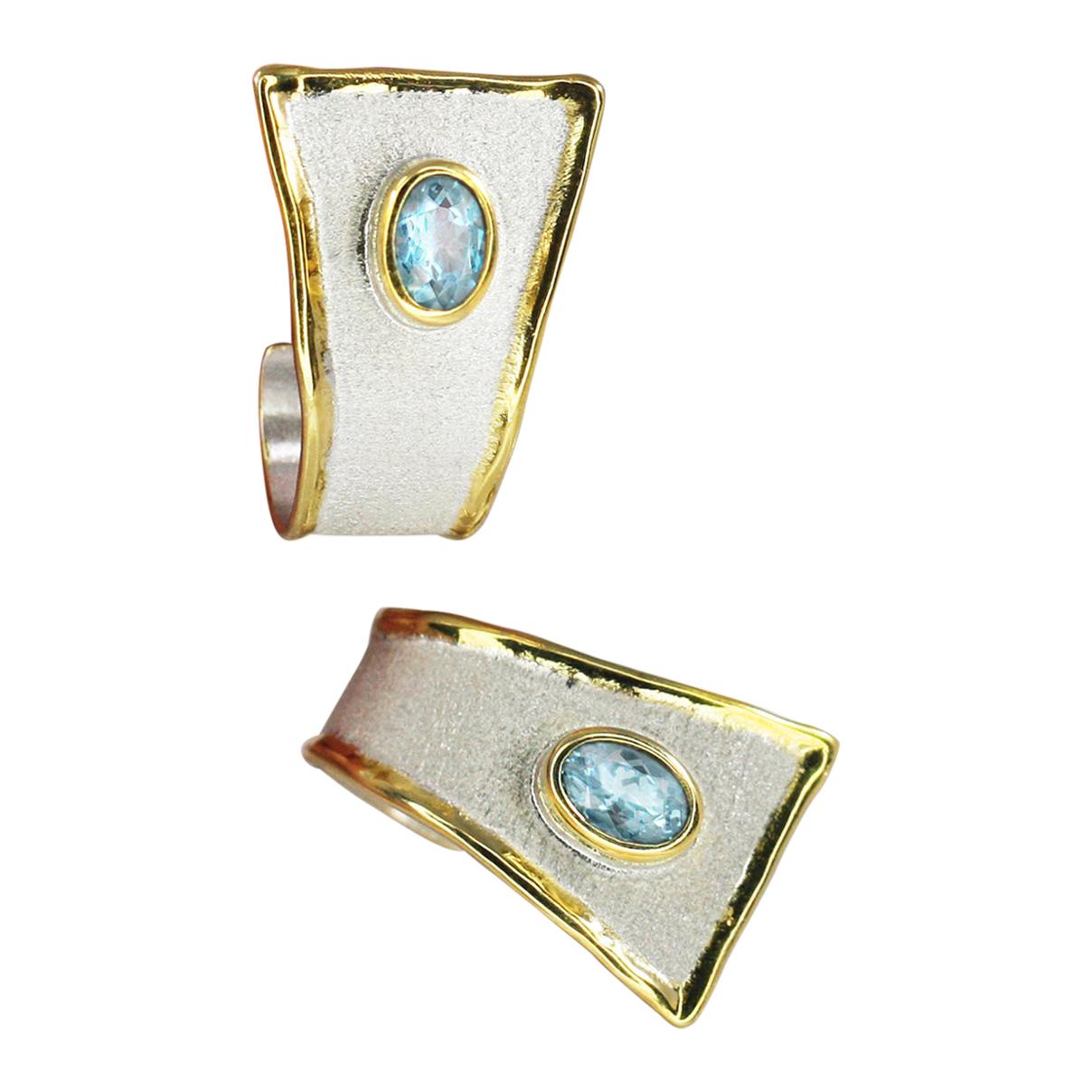 Yianni Creations Oval Aquamarine Fine Silver and 24 Karat Gold Earrings For Sale