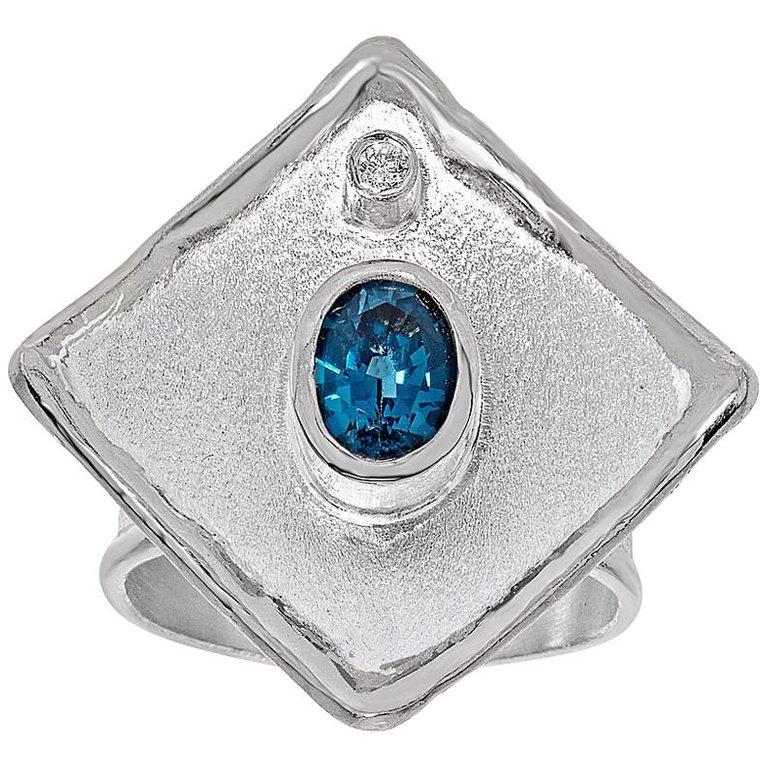 Yianni Creations London Blue Topaz and Diamond Fine Silver Palladium Wide Ring