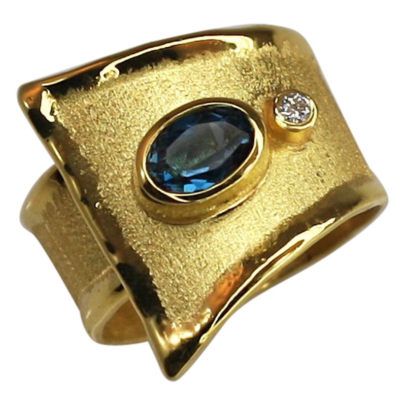Yianni Creations 18 Karat Blue Topaz and Diamond Adjustable Wide Band Ring