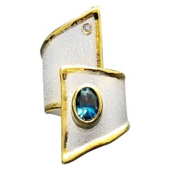 Yianni Creations Blue Topaz Diamond Silver 24 Karat Yellow Gold Wide Band Ring