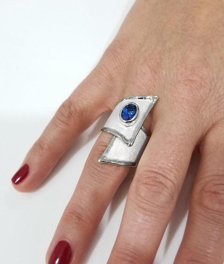 Yianni Creations Verstellbarer Ring mit breitem Band aus blauem Topas, feinem Silber und Palladium (Ovalschliff) im Angebot
