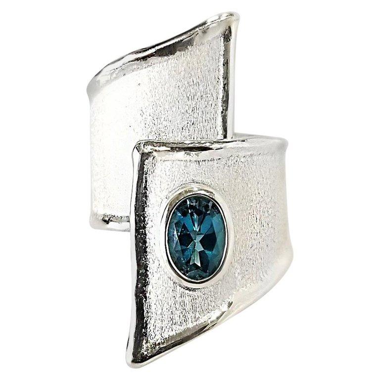 Yianni Creations Blue Topaz Fine Silver and Palladium Wide Band Adjustable Ring For Sale