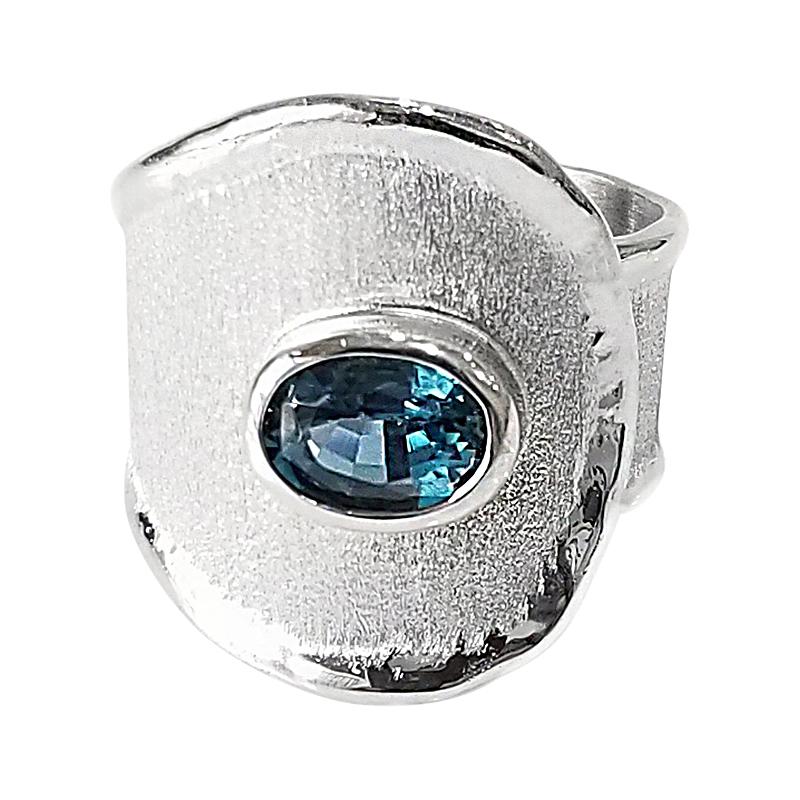 Yianni Creations London Blue Topaz Fine Silver and Palladium Wide Band Ring For Sale