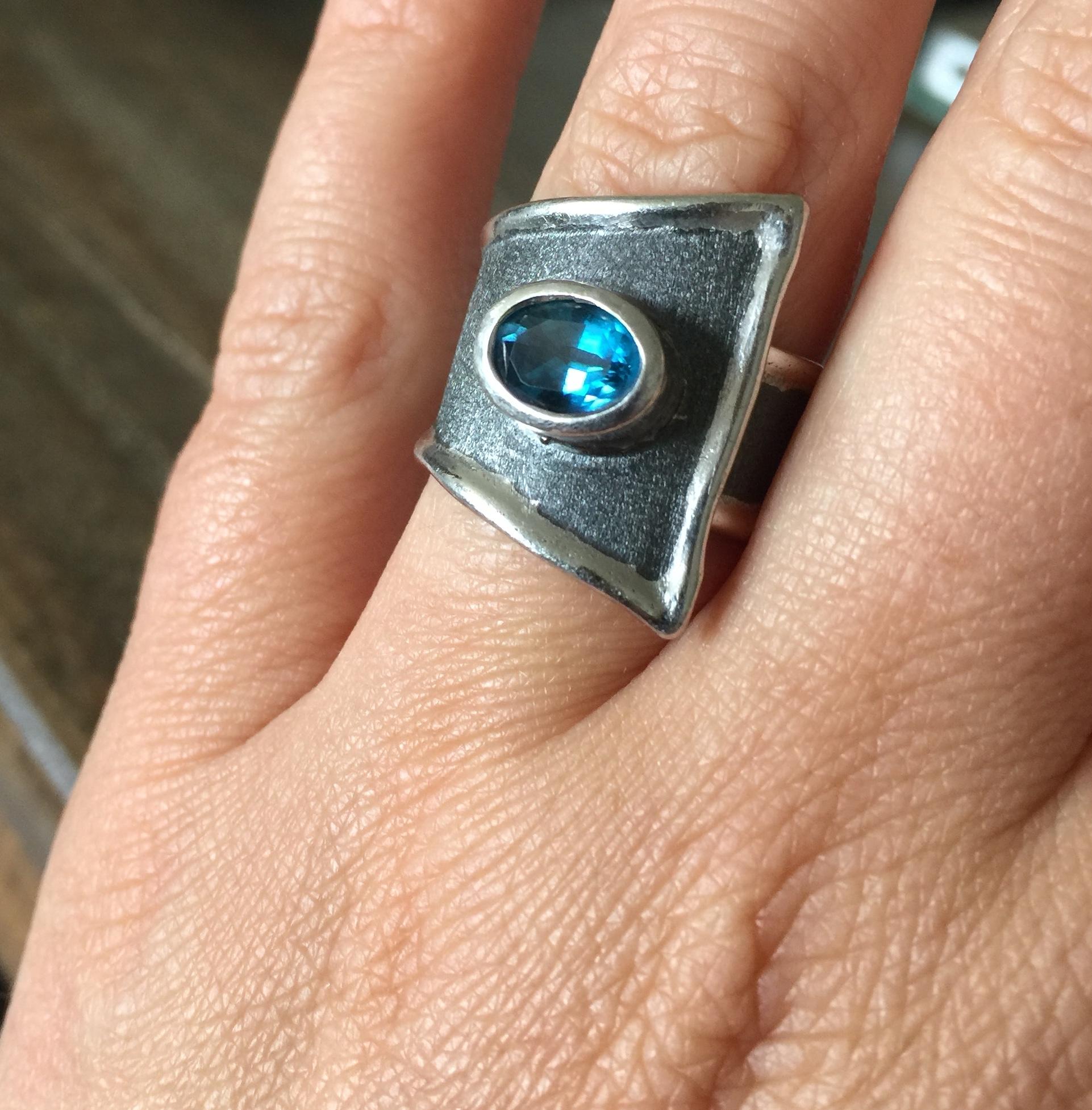 Yianni Creations Blue Topaz Fine Silver and Black Rhodium Wide Band Ring For Sale 1