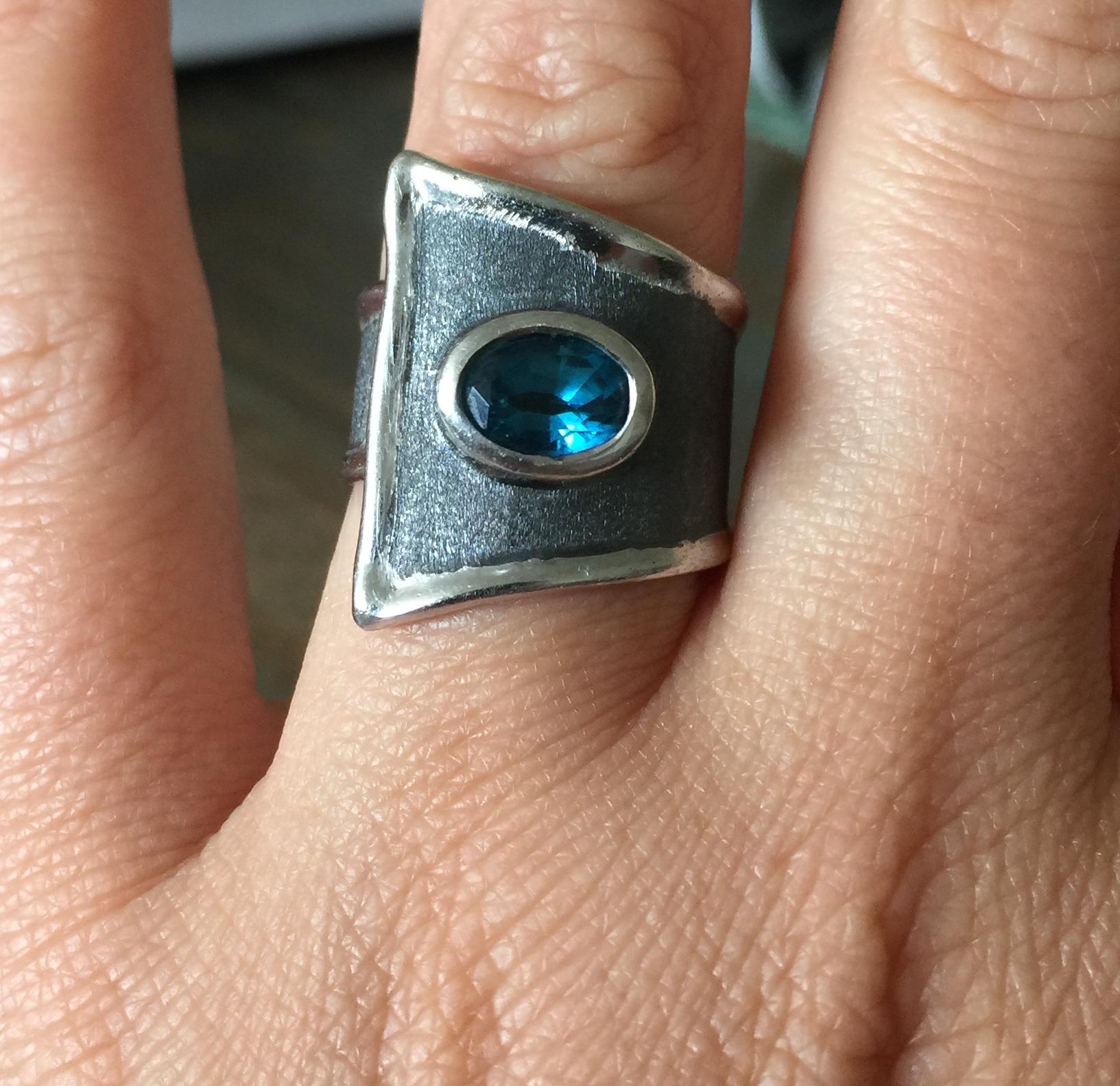 Contemporary Yianni Creations Blue Topaz Fine Silver and Black Rhodium Wide Band Ring For Sale