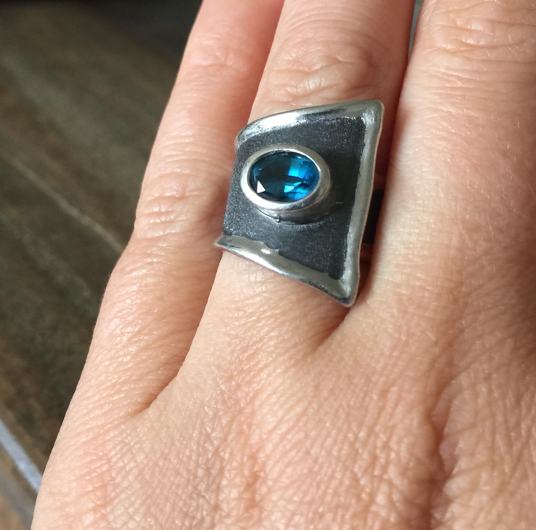 Yianni Creations Blue Topaz Fine Silver and Black Rhodium Wide Band Ring For Sale 2