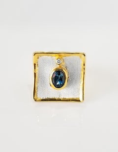 Yianni Creations London Blue Topaz Fine Silver and 24 Karat Gold Wide Band Ring