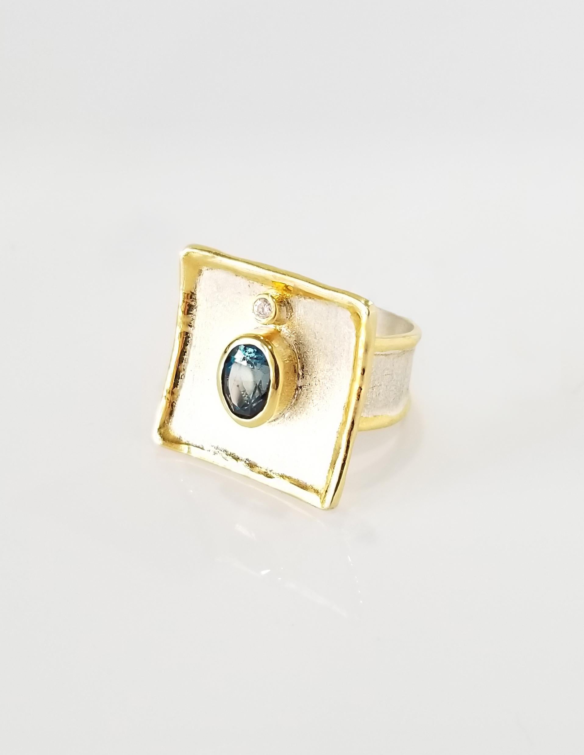 Yianni Creations London Blue Topaz Fine Silver and 24 Karat Gold Wide Band Ring In New Condition For Sale In Astoria, NY