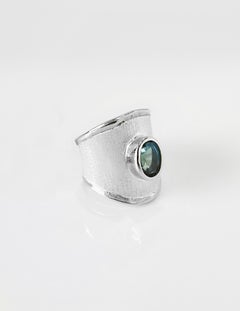 Yianni Creations Oval Blue Topaz Fine Silver and Palladium Wide Band Ring
