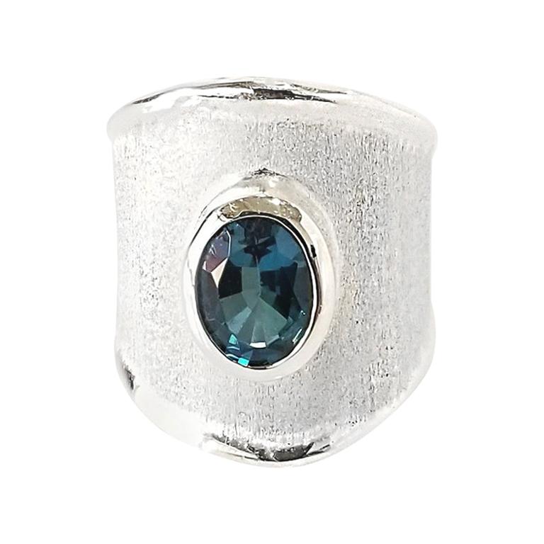 Yianni Creations Oval Blue Topaz Fine Silver and Palladium Wide Band Ring For Sale