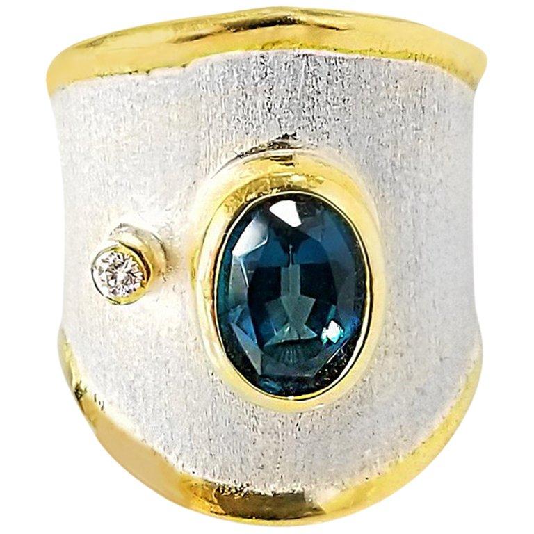 Yianni Creations 1.60 Carat Topaz and Diamond Fine Silver 24 Karat Gold Ring