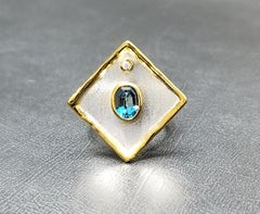 Yianni Creations Blue Topaz and Diamond Fine Silver 24 Karat Gold Two Tone Ring