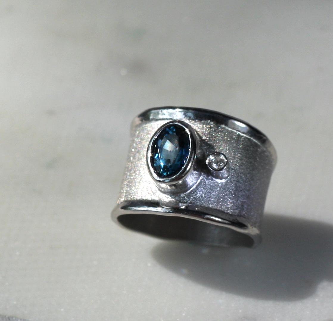 Oval Cut Yianni Creations Blue Topaz White Diamond Fine Silver Palladium Wide Band Ring