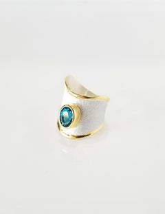 Yianni Creations Blue Topaz Fine Silver 24 Karat Gold Handcrafted Wide Band Ring