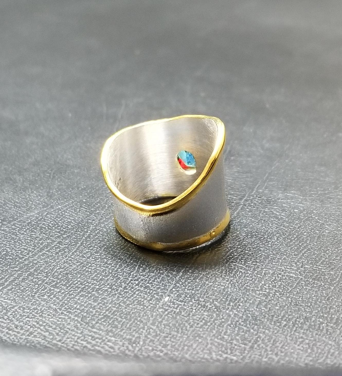 Contemporary Yianni Creations Blue Topaz Fine Silver 24 Karat Gold Handcrafted Wide Band Ring For Sale