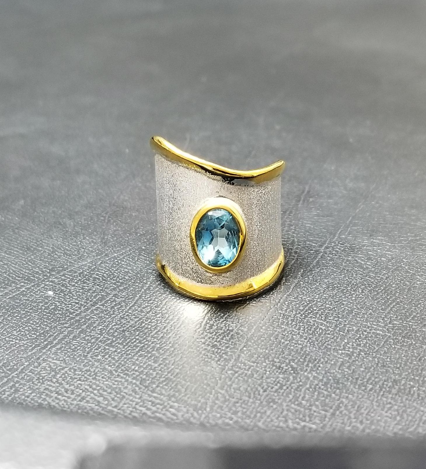 Oval Cut Yianni Creations Blue Topaz Fine Silver 24 Karat Gold Handcrafted Wide Band Ring For Sale