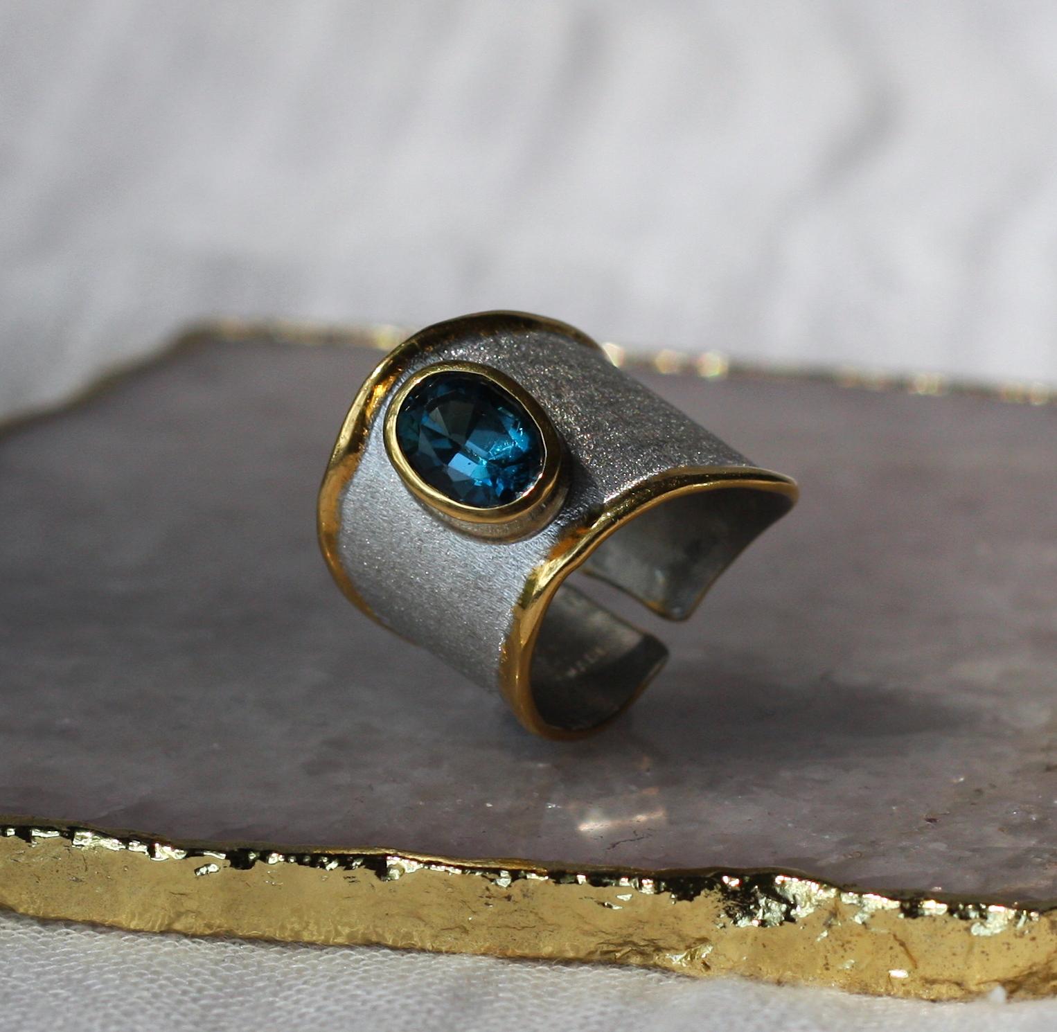 Yianni Creations Blue Topaz Fine Silver 24 Karat Gold Adjustable Wide Band Ring For Sale 7