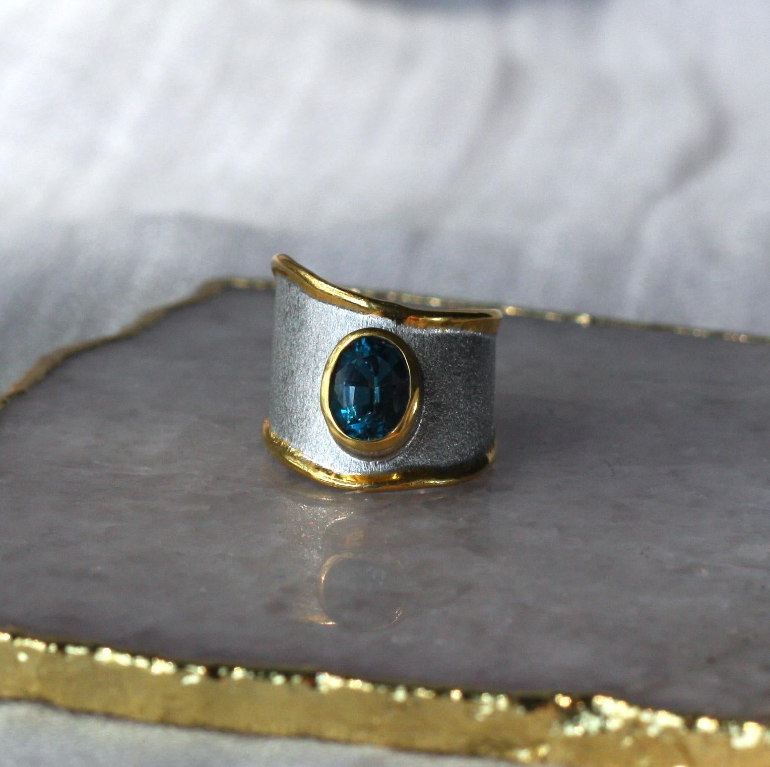 Yianni Creations Blue Topaz Fine Silver 24 Karat Gold Adjustable Wide Band Ring For Sale 2