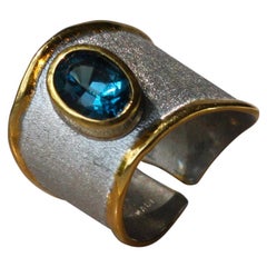 Yianni Creations Blue Topaz Fine Silver 24 Karat Gold Adjustable Wide Band Ring