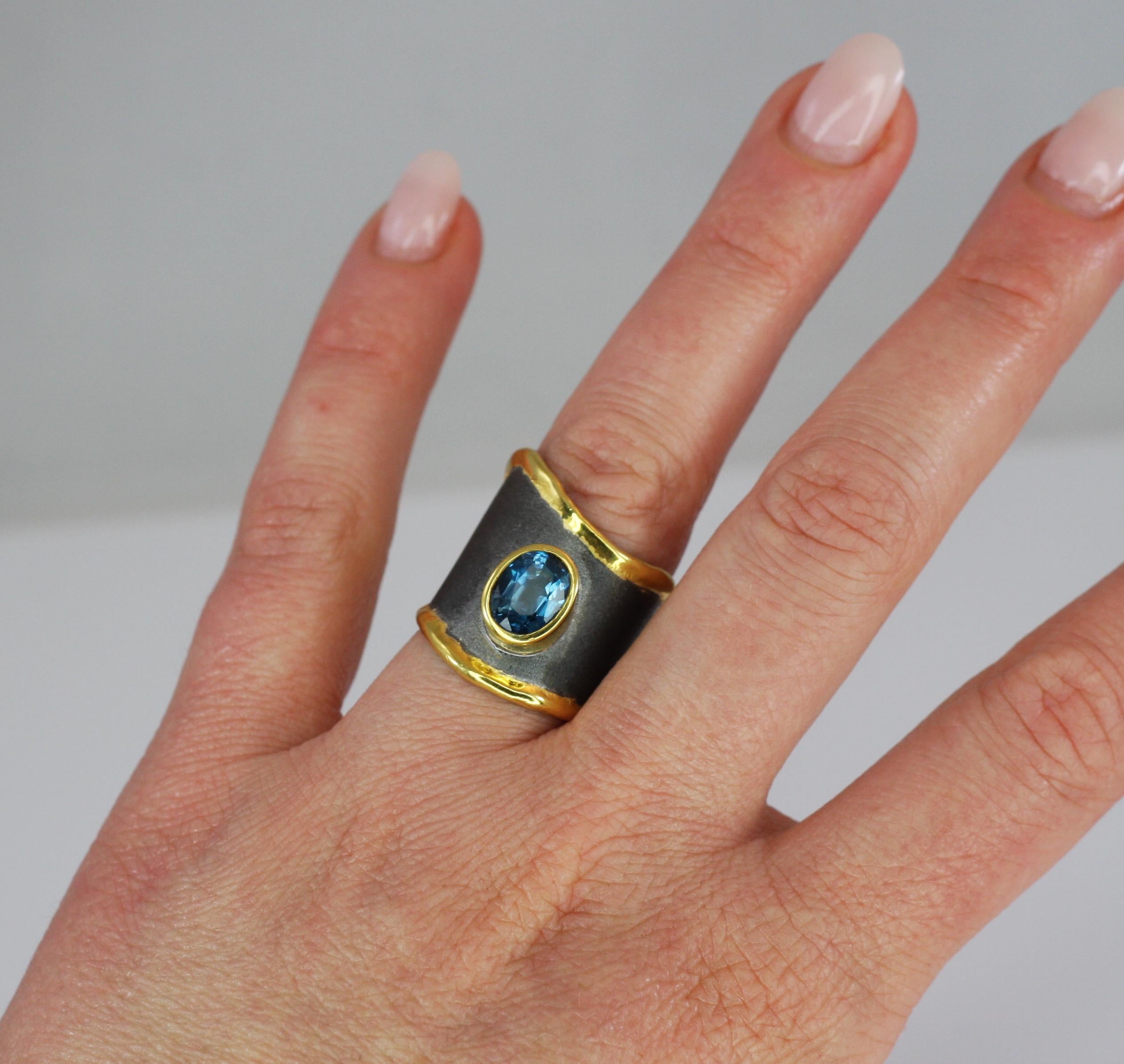 Contemporary Yianni Creations Topaz Fine Silver 24 Karat Gold Black Rhodium Wide Band Ring