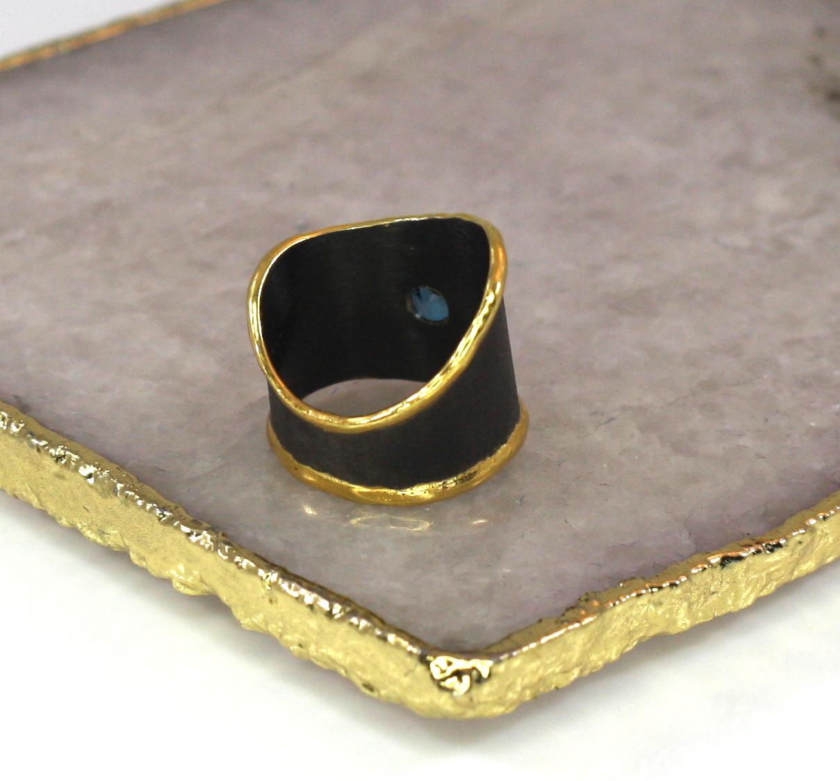 Oval Cut Yianni Creations Topaz Fine Silver 24 Karat Gold Black Rhodium Wide Band Ring