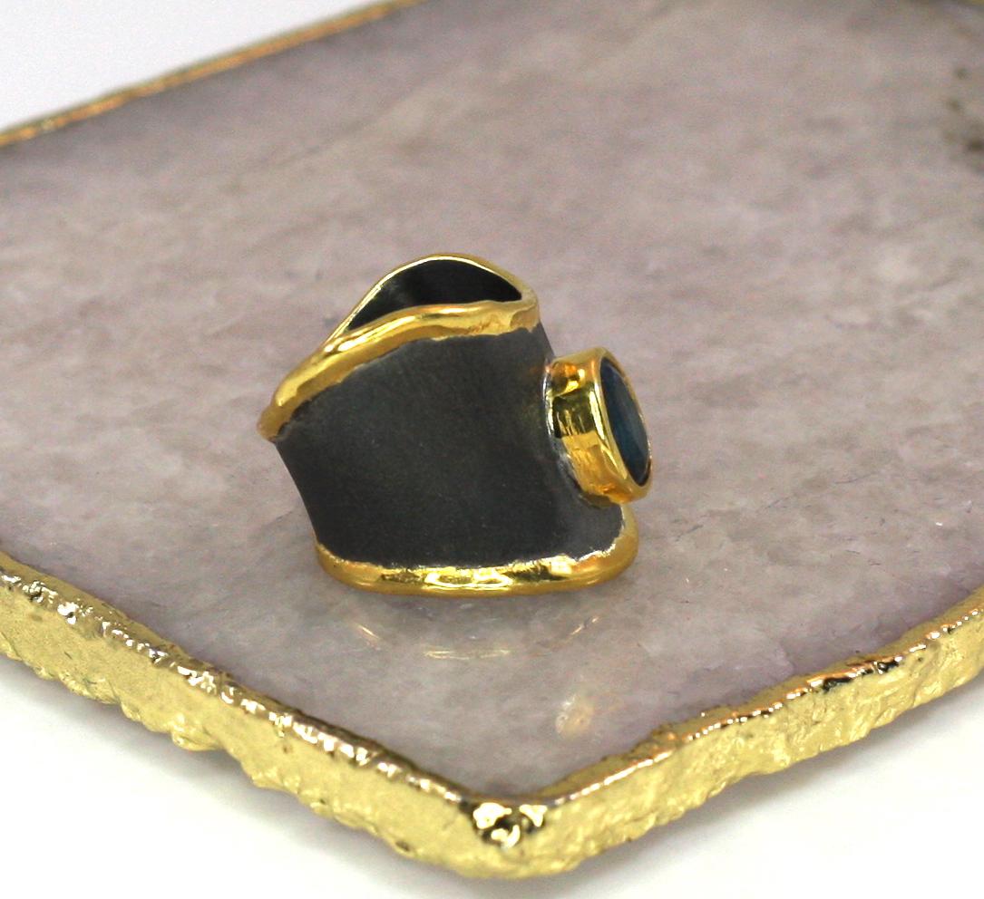 Yianni Creations Topaz Fine Silver 24 Karat Gold Black Rhodium Wide Band Ring In New Condition In Astoria, NY
