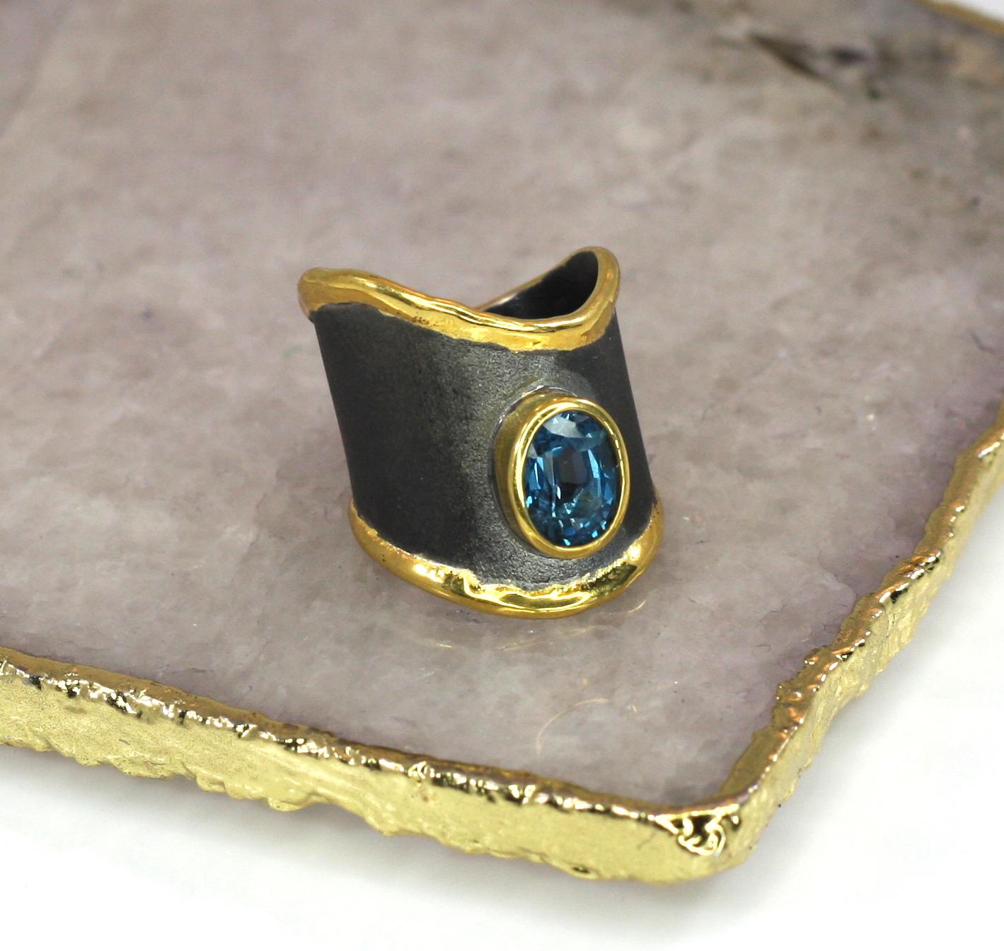 Women's Yianni Creations Topaz Fine Silver 24 Karat Gold Black Rhodium Wide Band Ring