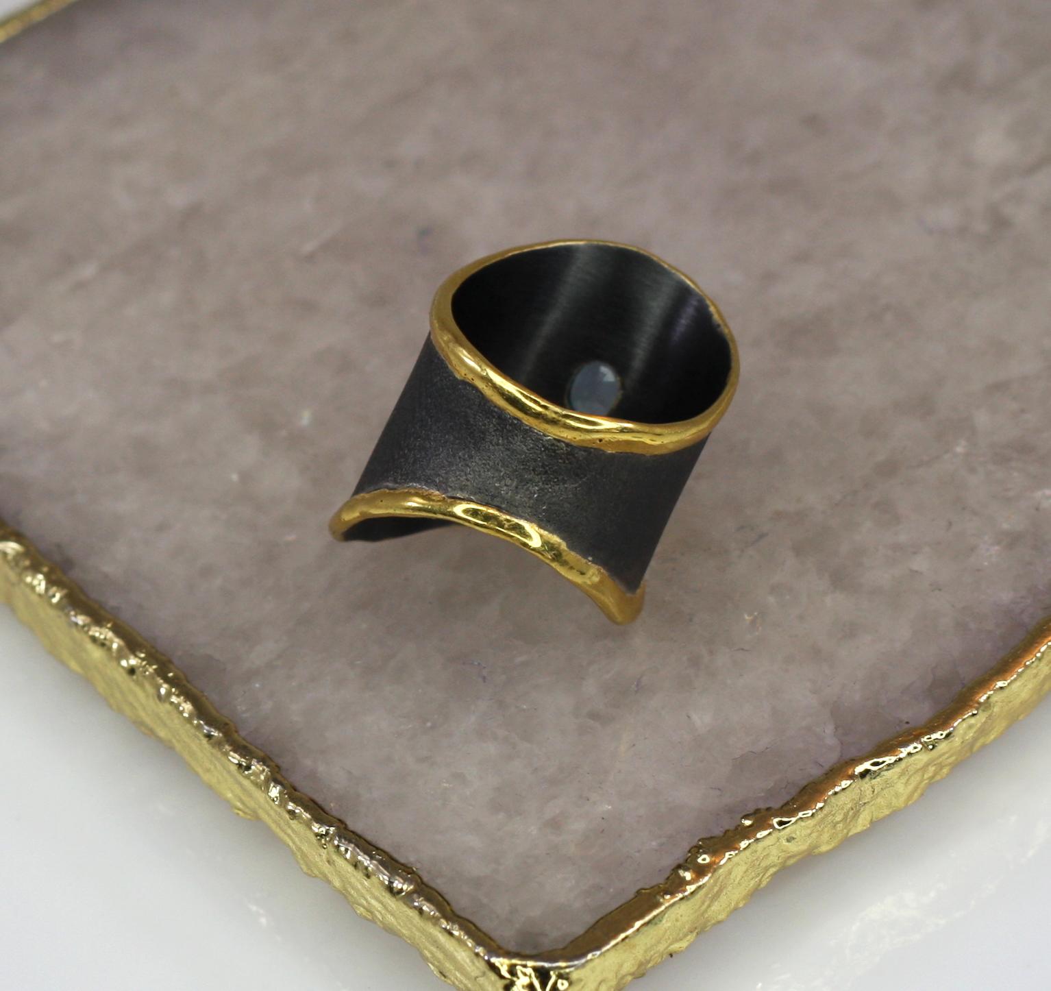 Yianni Creations Topaz Fine Silver 24 Karat Gold Black Rhodium Wide Band Ring 3