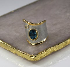 Yianni Creations Topaz Diamond  Fine Silver and 24 Karat Gold Wide Band Ring