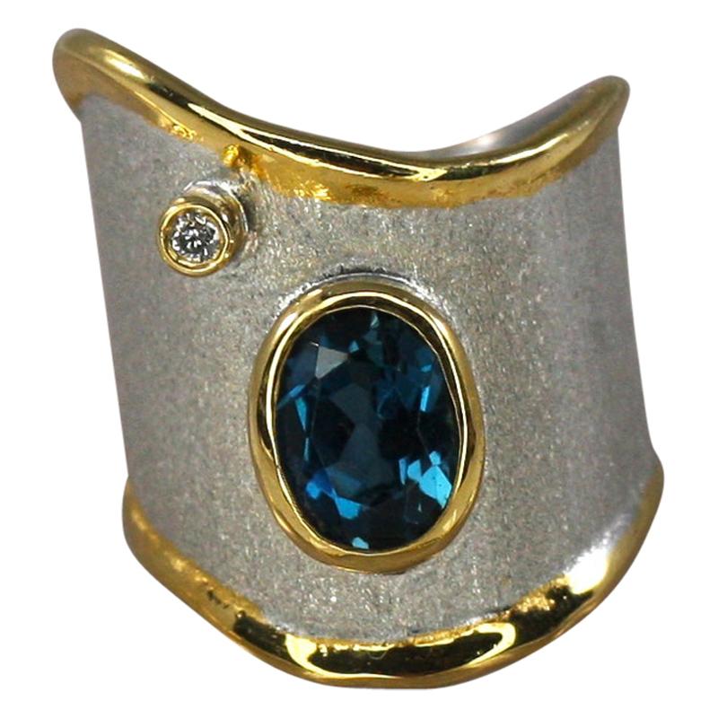 Yianni Creations Topaz Diamond  Fine Silver and 24 Karat Gold Wide Band Ring