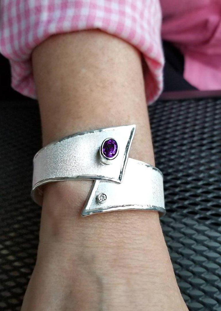 Yianni Creations Ammos Collection 100% Handmade Artisan Bangle Bracelet from Fine Silver featuring 1.75 Carat Amethyst accompanied by 0.03 Carat Brilliant Cut White Diamond complemented by unique techniques of craftsmanship - brushed texture and