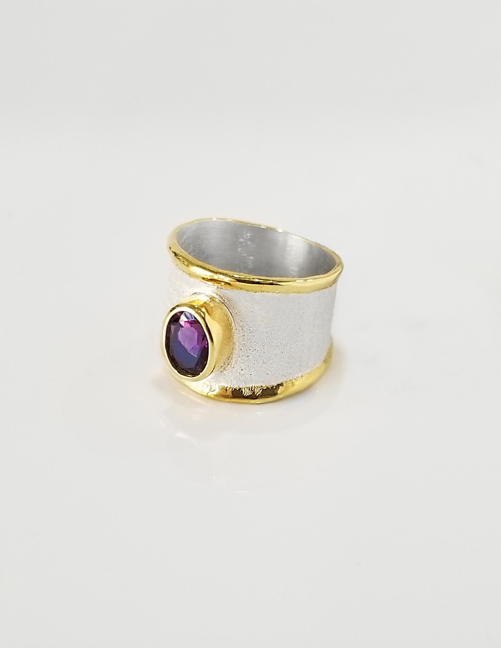 Yianni Creations Midas Collection 100% Handmade Artisan Ring from Fine Silver with a layover of 24 Karat Yellow Gold features 1.75 Carat Amethyst complimented by unique techniques of craftsmanship - brushed texture and nature-inspired liquid edges.