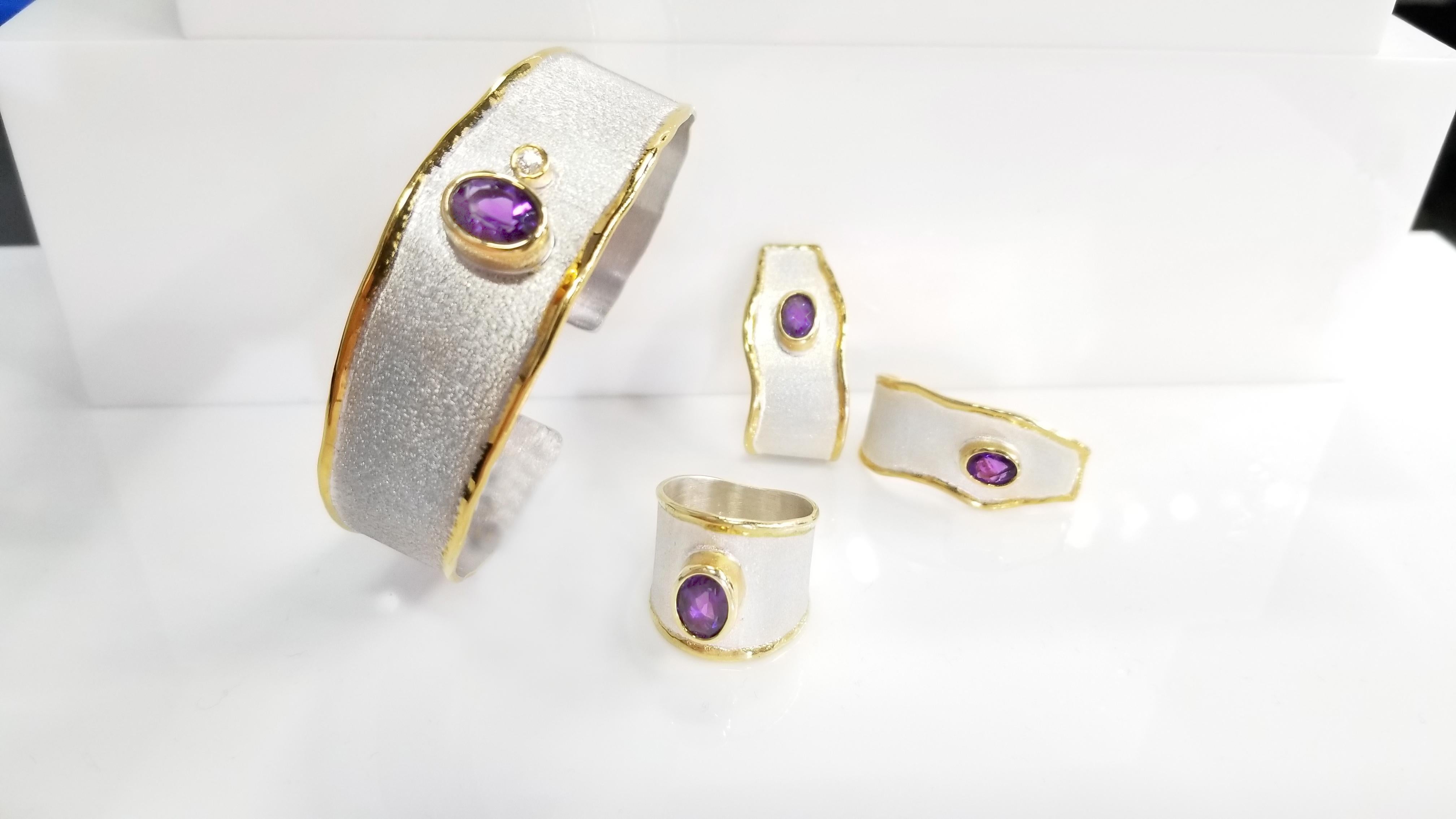 Oval Cut Yianni Creations 1.75 Carat Amethyst Fine Silver 24 Karat Gold Ring