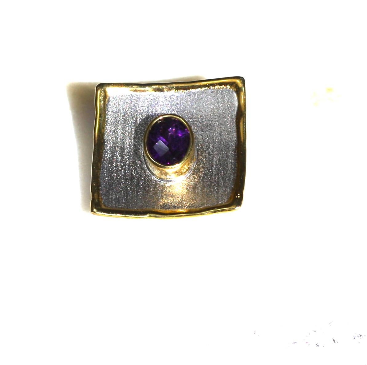 Yianni Creations Amethyst Fine Silver and 24 Karat Gold Two Tone Square Pendant In New Condition For Sale In Astoria, NY