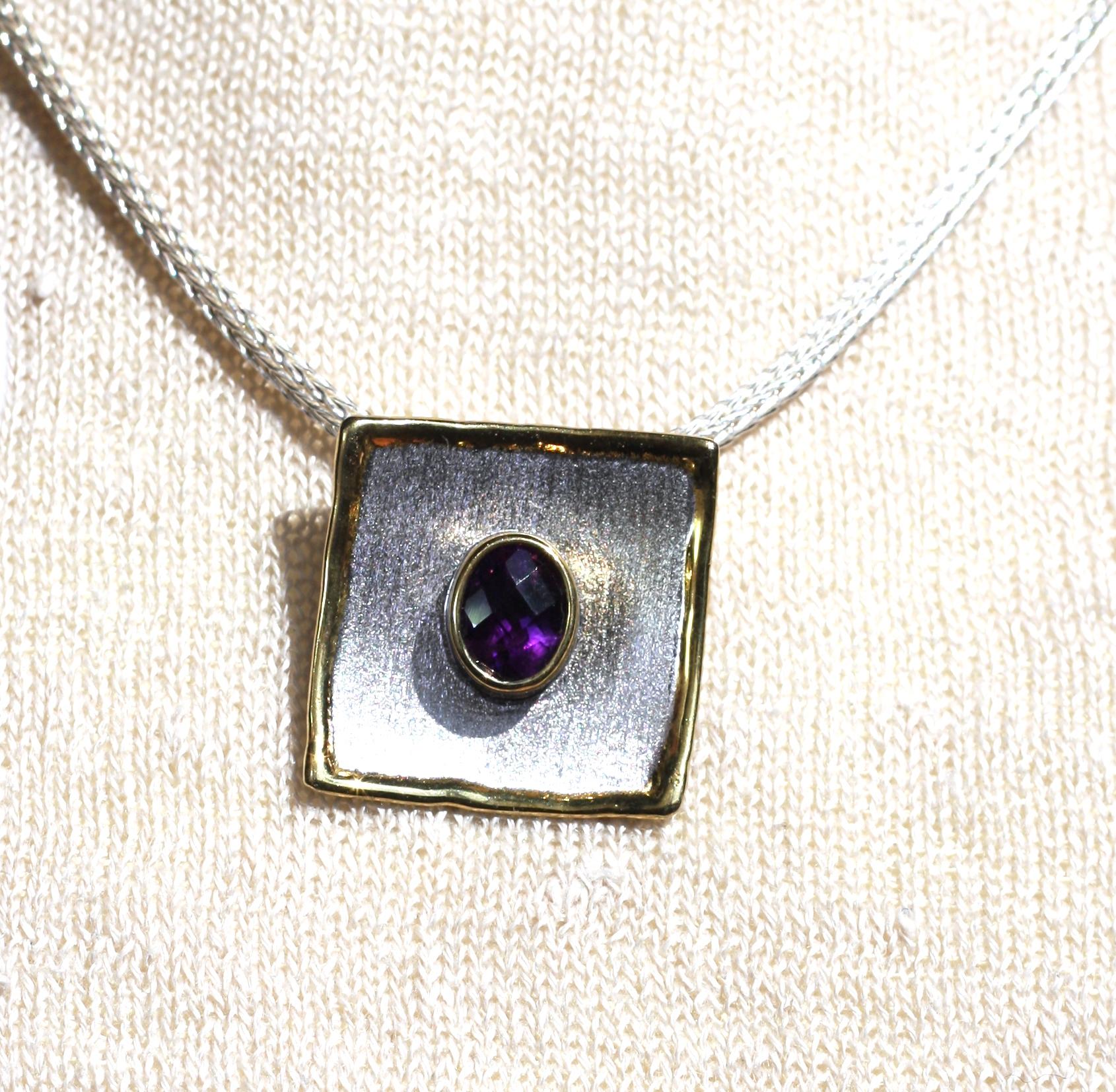 Yianni Creations Amethyst Fine Silver and 24 Karat Gold Two Tone Square Pendant For Sale 3