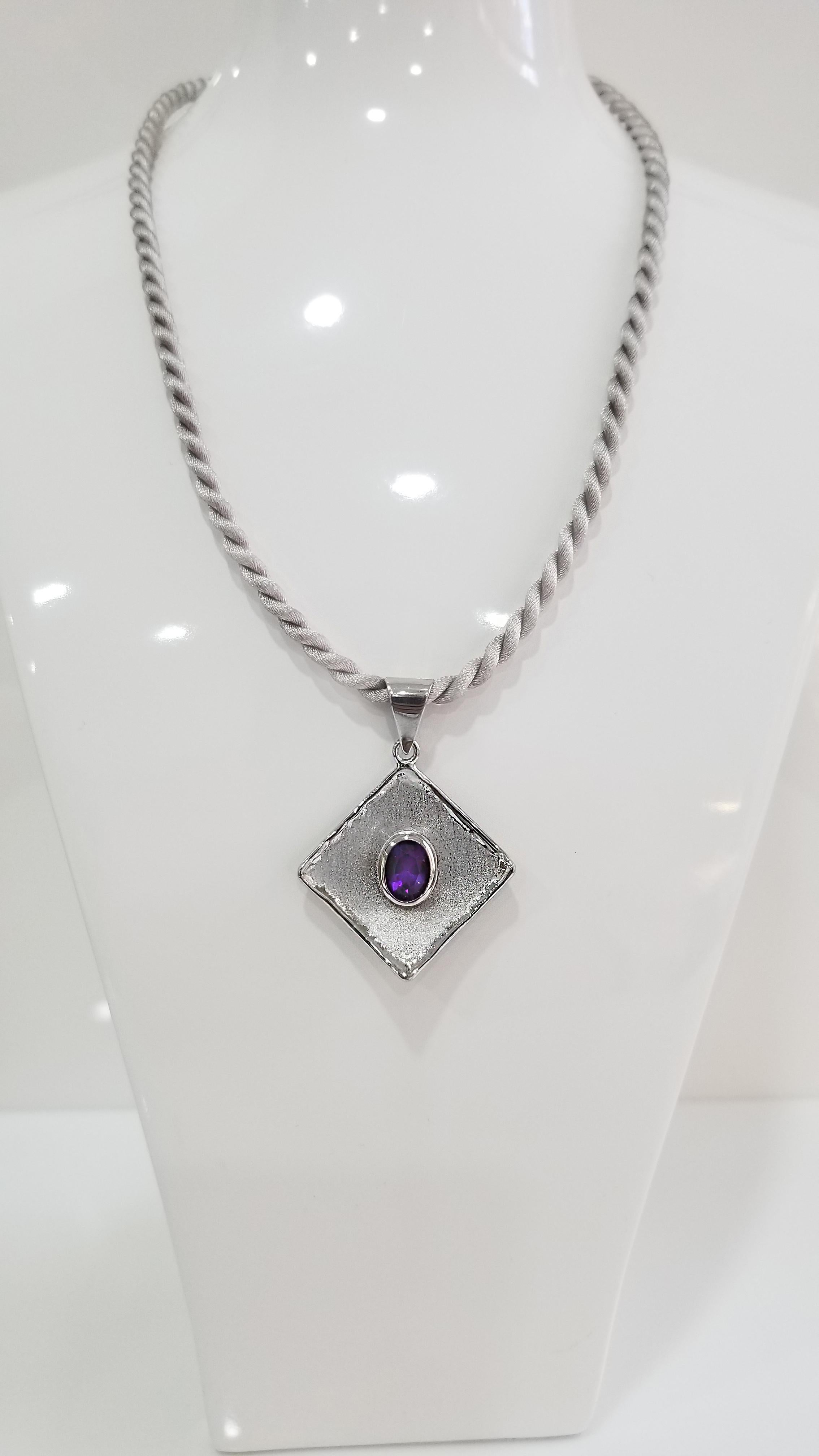 Yianni Creations Amethyst Fine Silver and Palladium Pendant In New Condition In Astoria, NY