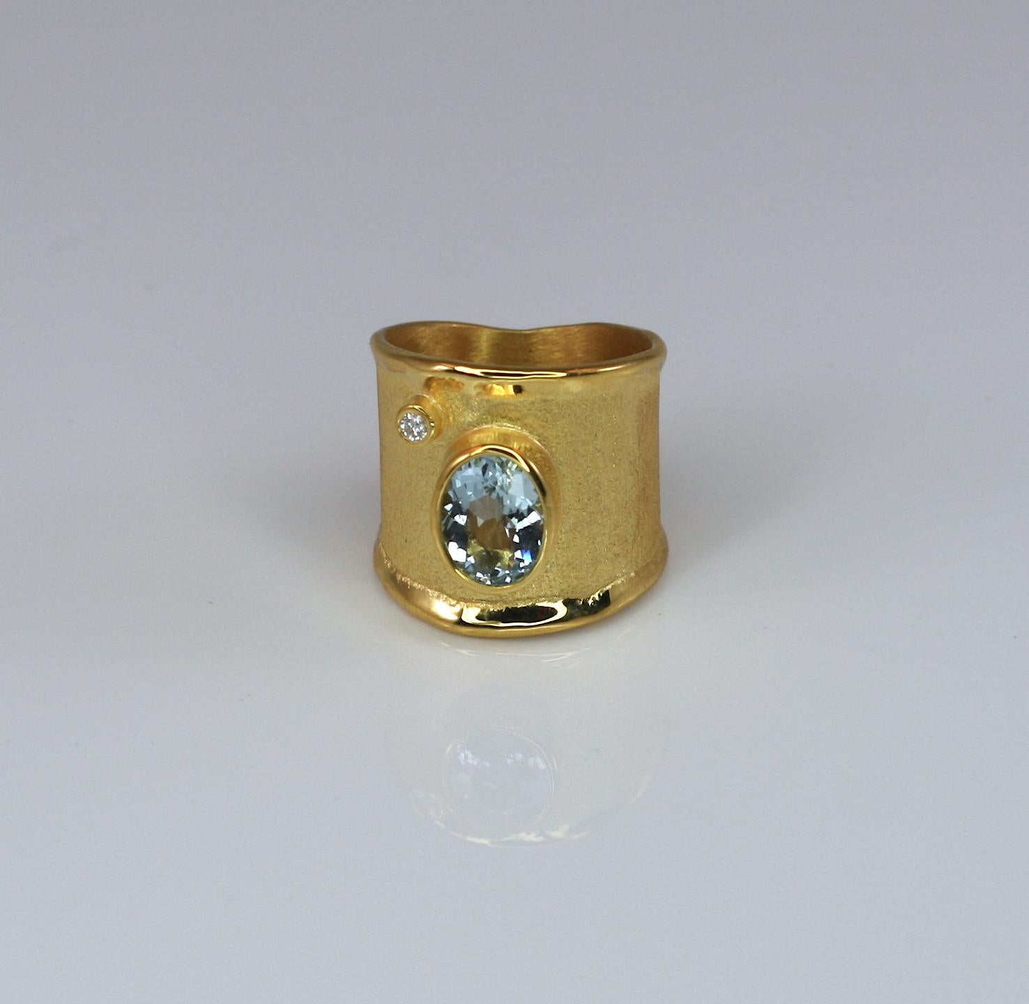 Yianni Creations Yellow Gold 18 Karat Aquamarine and Diamond Wide Band Ring For Sale 6