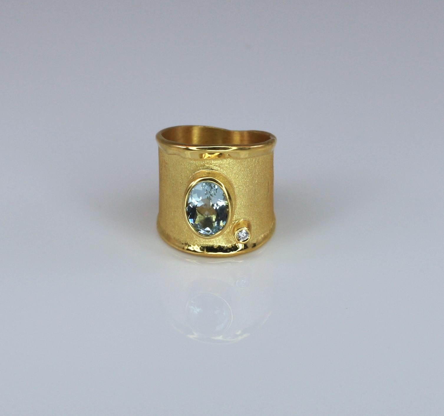 Yianni Creations Yellow Gold 18 Karat Aquamarine and Diamond Wide Band Ring For Sale 8