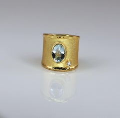 Yianni Creations Yellow Gold 18 Karat Aquamarine and Diamond Wide Band Ring