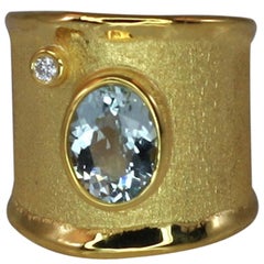 Yianni Creations Yellow Gold 18 Karat Aquamarine and Diamond Wide Band Ring