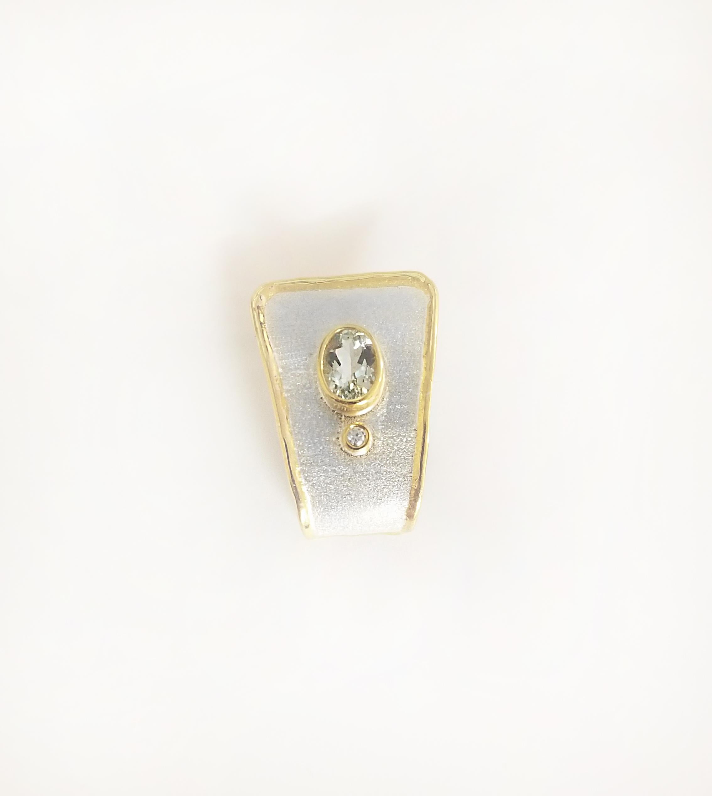Oval Cut Yianni Creations 1.75 Carat Aquamarine Diamond Fine Silver 24 Karat Gold Pendant