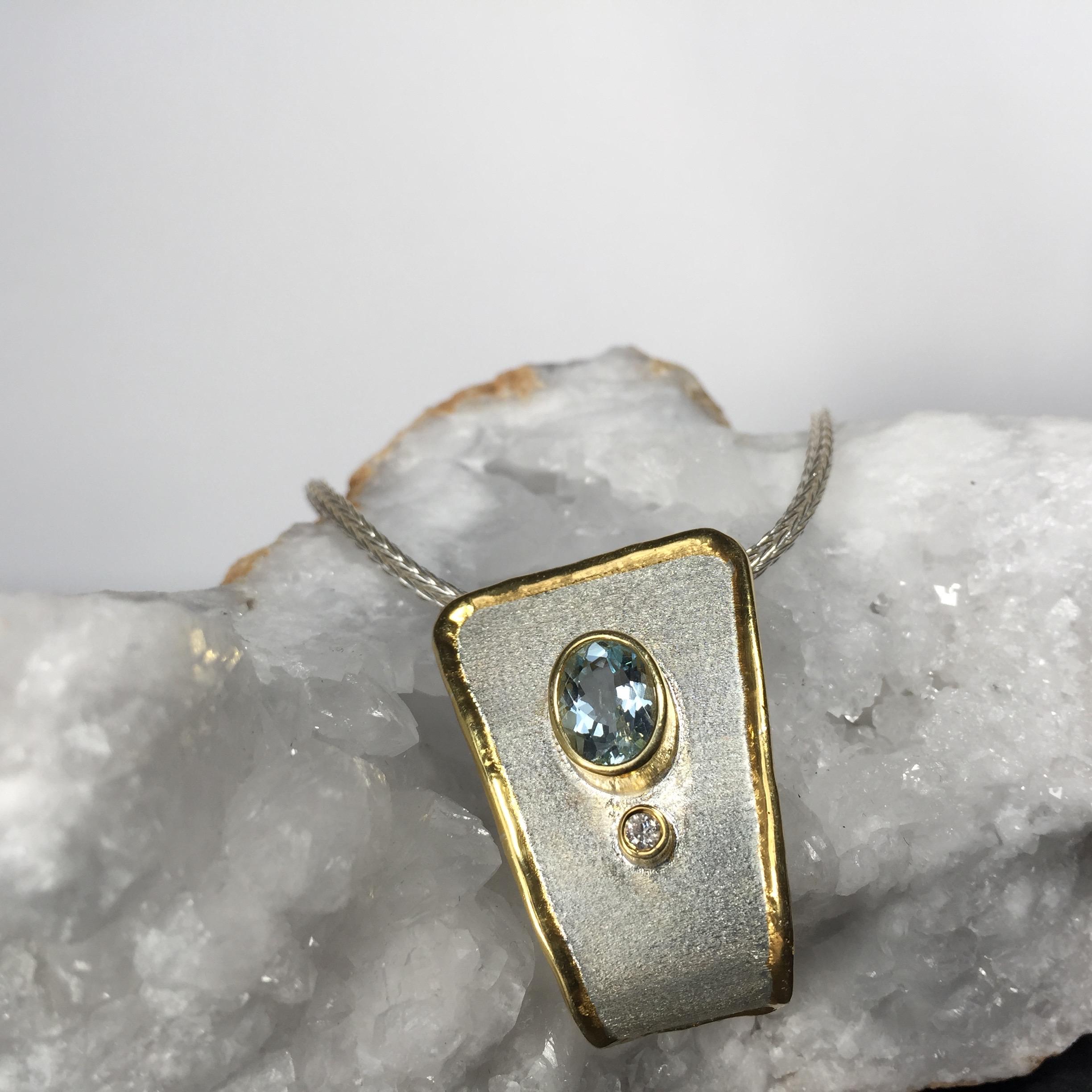 Yianni Creations 1.75 Carat Aquamarine Diamond Fine Silver 24 Karat Gold Pendant 2