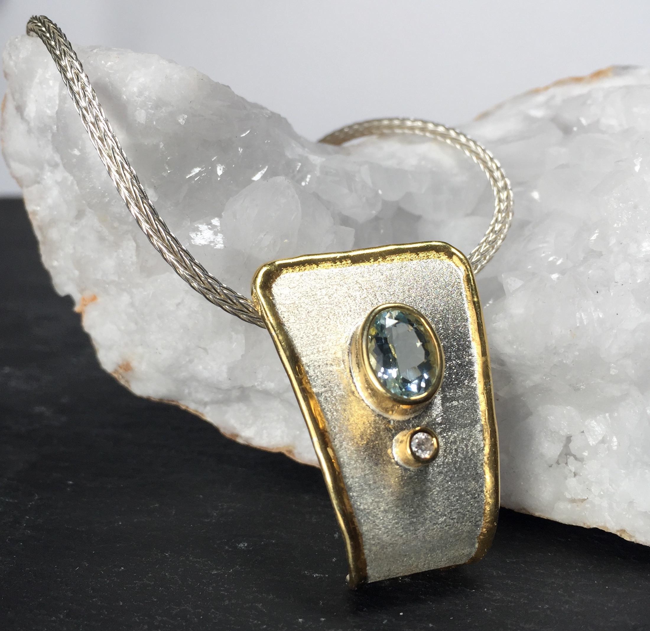 Yianni Creations 1.75 Carat Aquamarine Diamond Fine Silver 24 Karat Gold Pendant 3