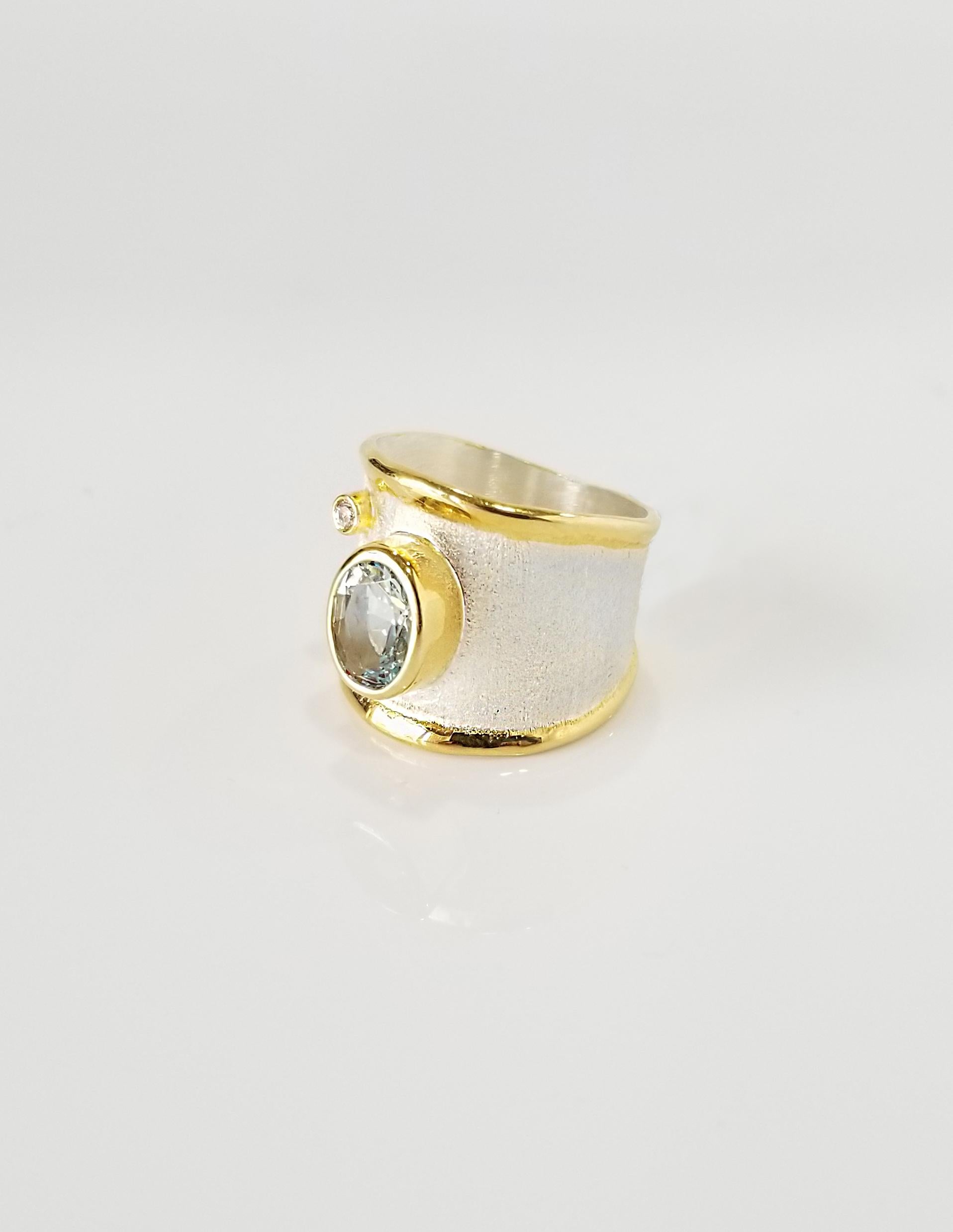 Oval Cut Yianni Creations Aquamarine Diamond Fine Silver 24 Karat Gold Wide Band Ring For Sale