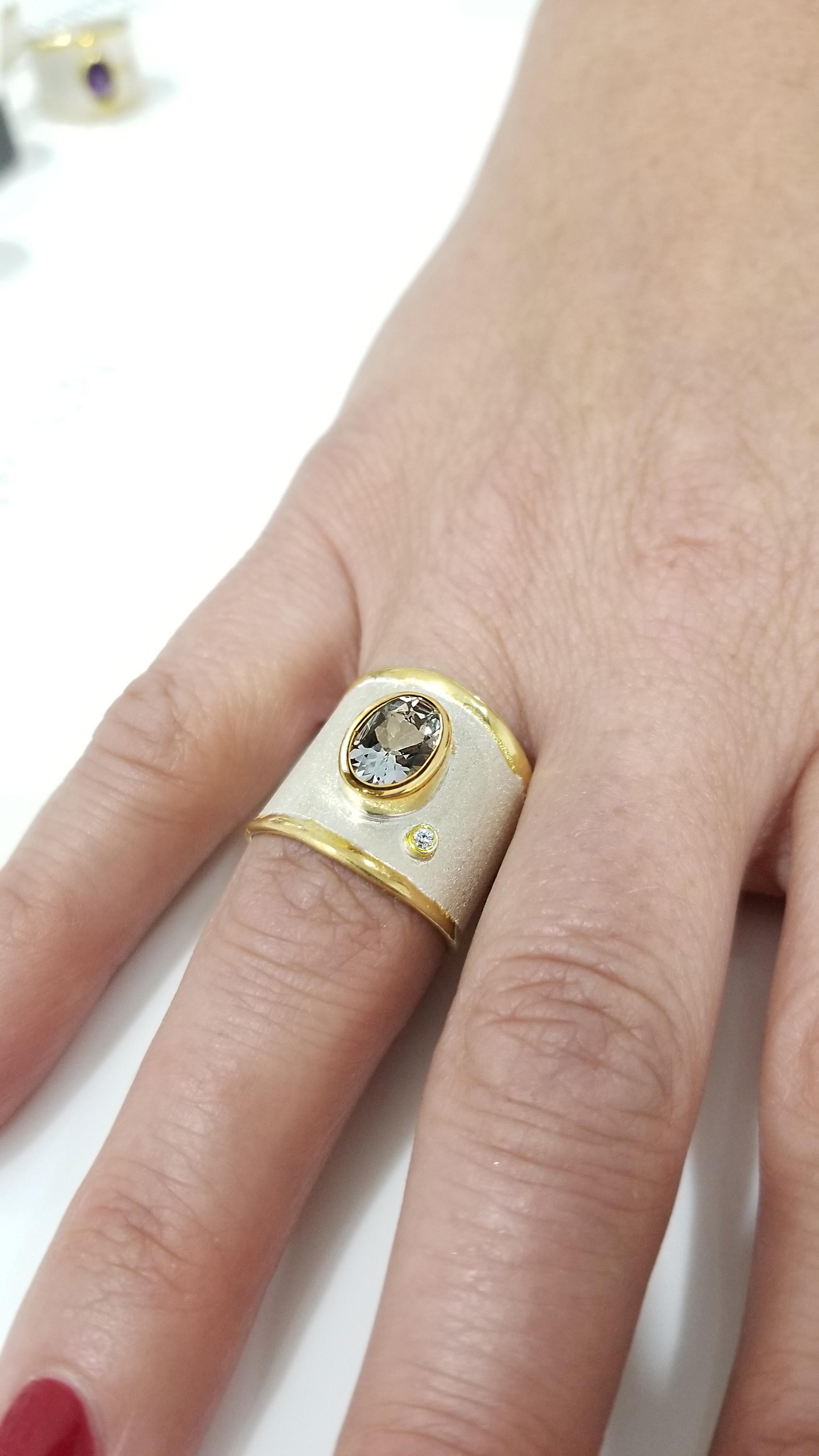 Oval Cut Yianni Creations 1.75 Carat Aquamarine Diamond Fine Silver 24 Karat Gold Ring
