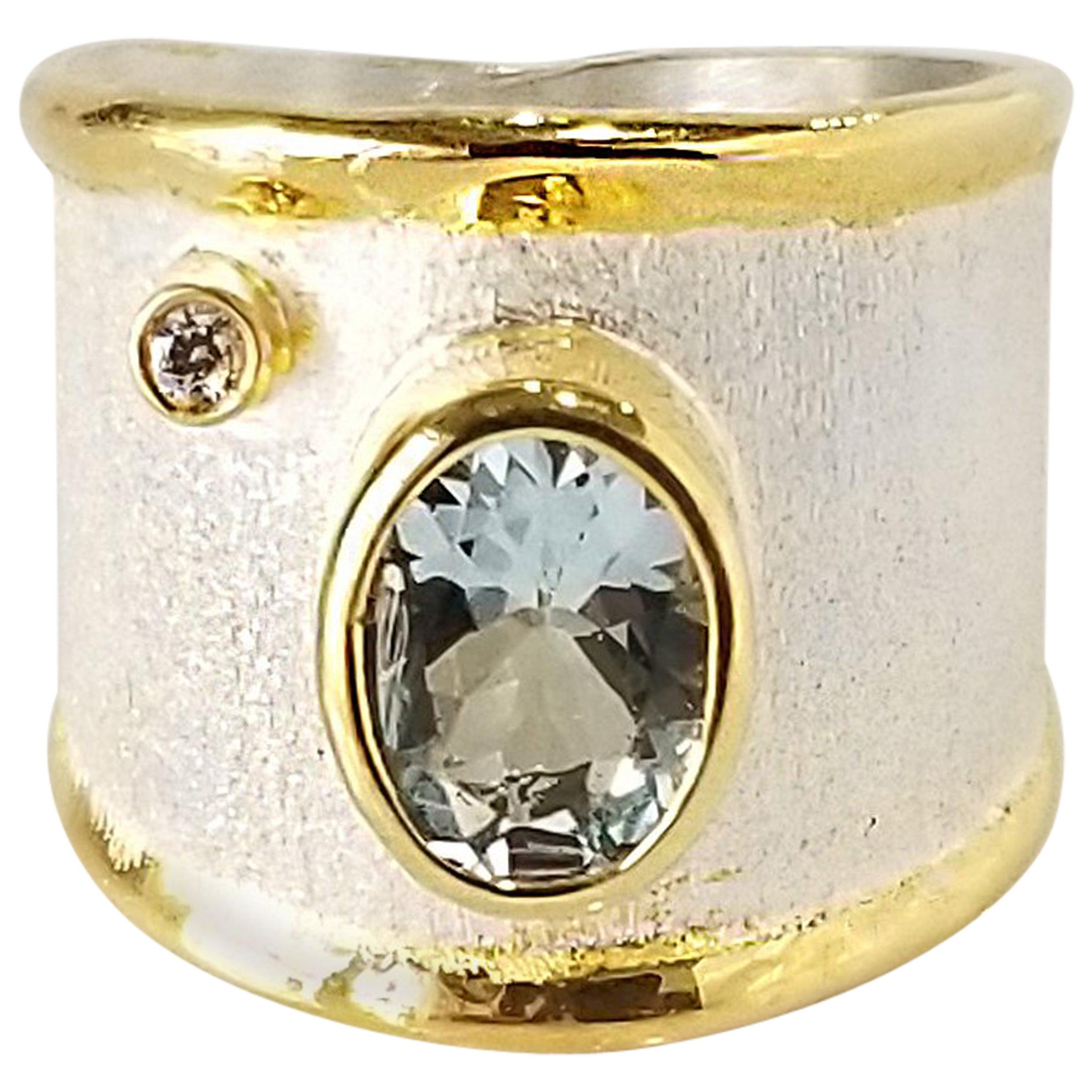 Yianni Creations Aquamarine Diamond Fine Silver 24 Karat Gold Wide Band Ring