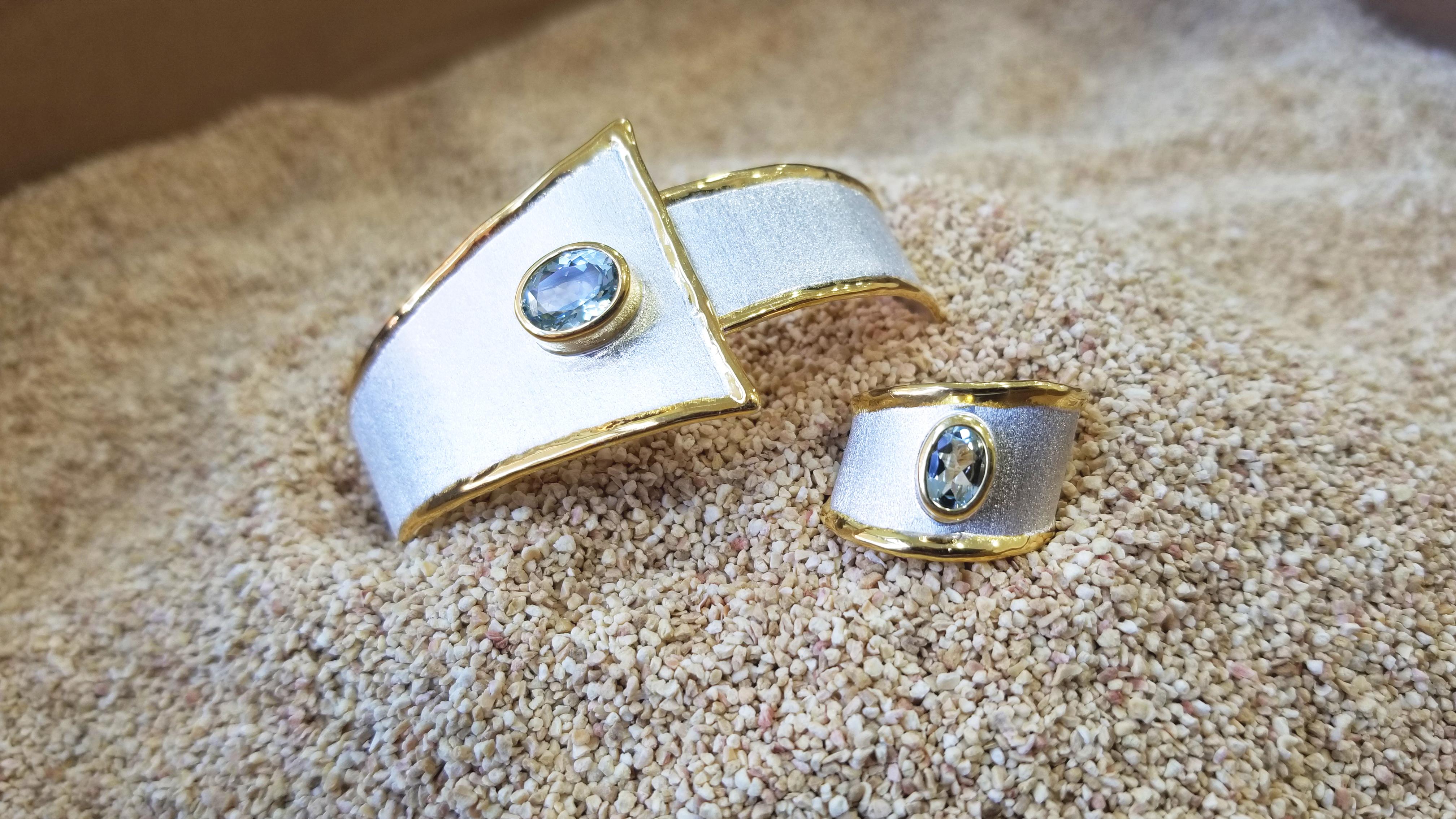 Women's Yianni Creations 1.75 Carat Aquamarine Fine Silver and 24 Karat Gold Bracelet