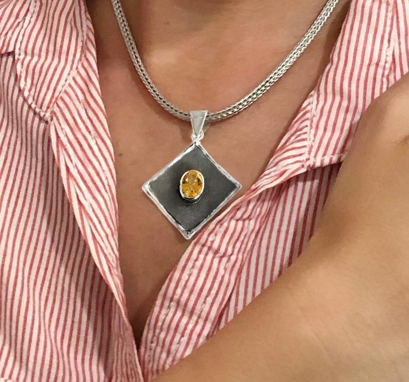 Yianni Creations 1.75 Carat Citrine Fine Silver and Rhodium Pendant Enhancer In New Condition In Astoria, NY